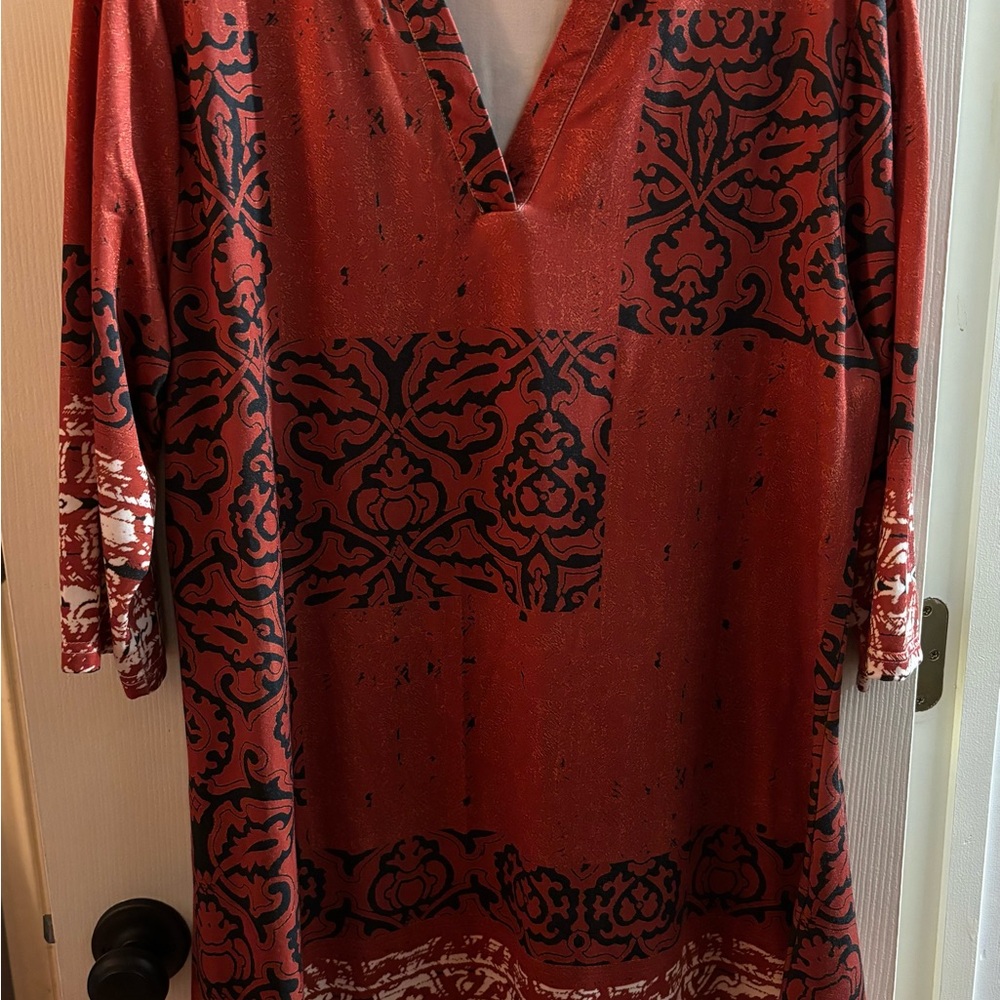 3X Azalea by Firmiana Ladies Autumn Burnt Orange, Black, & White Patterned Tunic